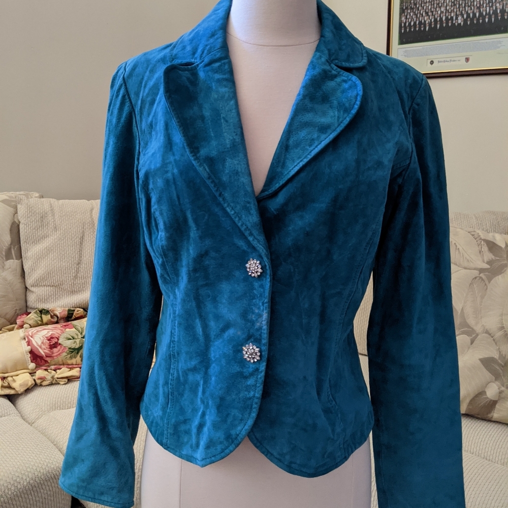 Vibrant blue suede leather blazer